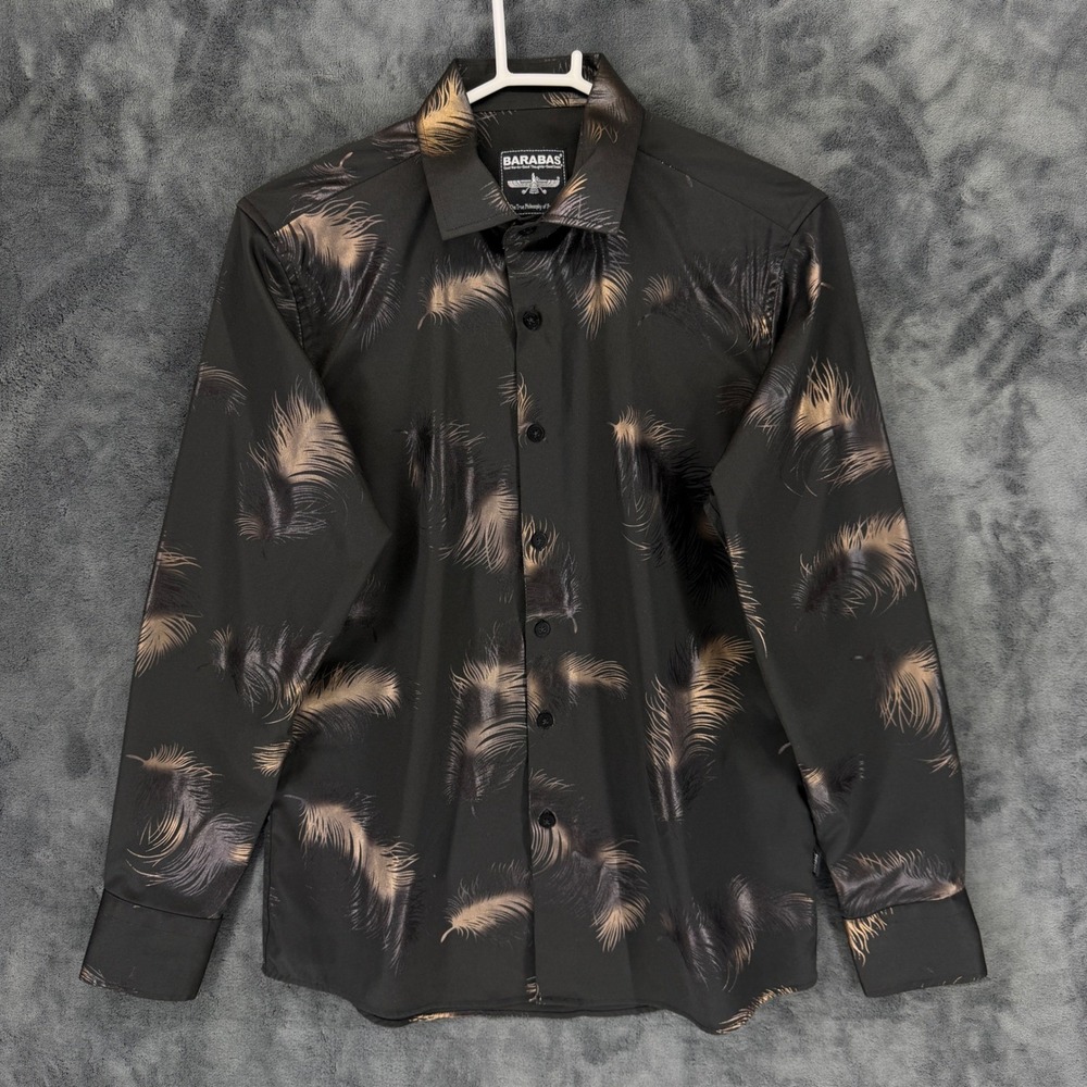 Barabas Button Down Mens S Feather Print Black Gold Long Sleeve EUC